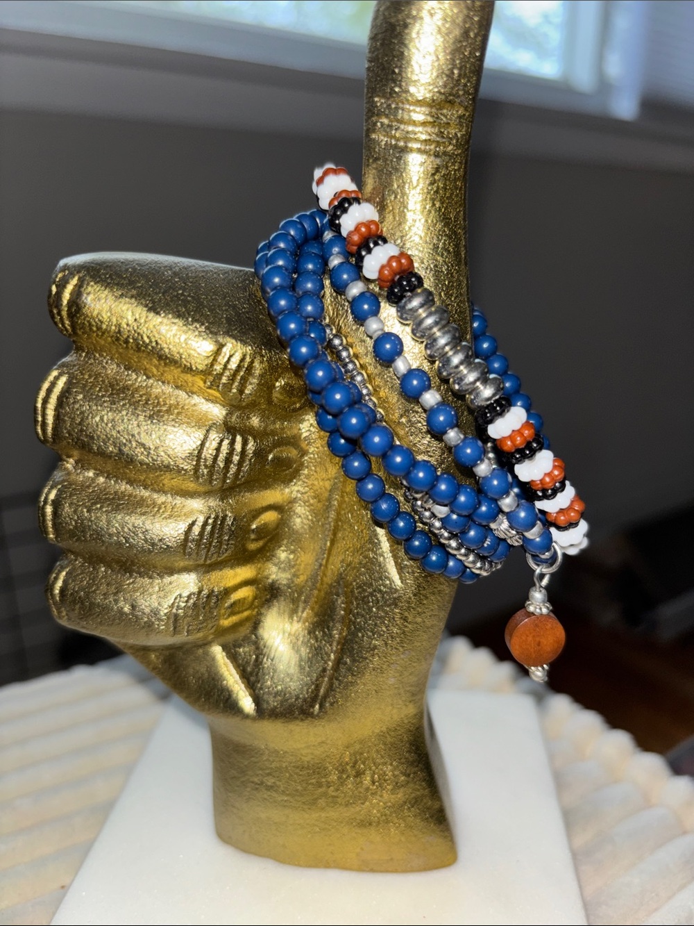 Multi-Strand Blue Beaded Wrap Bracelet with Orange Accent